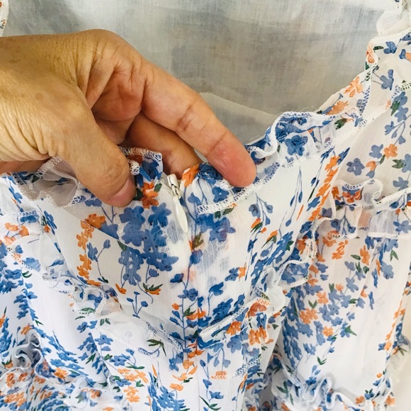 Blue and White Semi Sheer Floral Print Dress - Picture 14 of 15